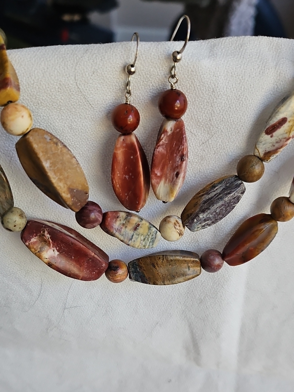 Carved Jasper Beaded Necklace & Earrings